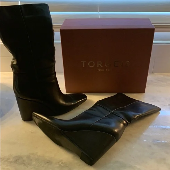 Black Leather Wedge Boots - Picture 1 of 2